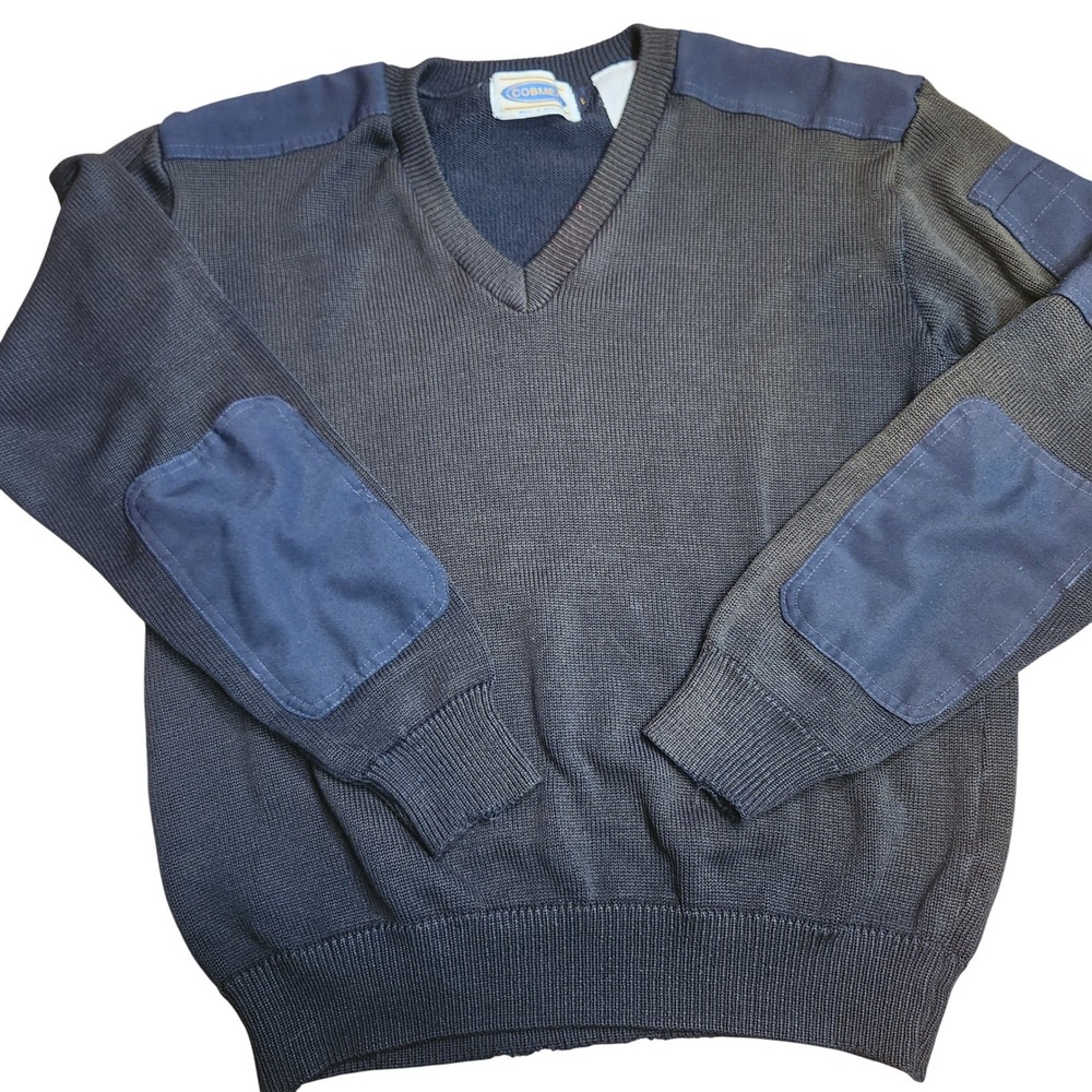 90s Cobmex‎ Militarytech Mens Navy Blue Sweater Elbow Patches Pen Pocket